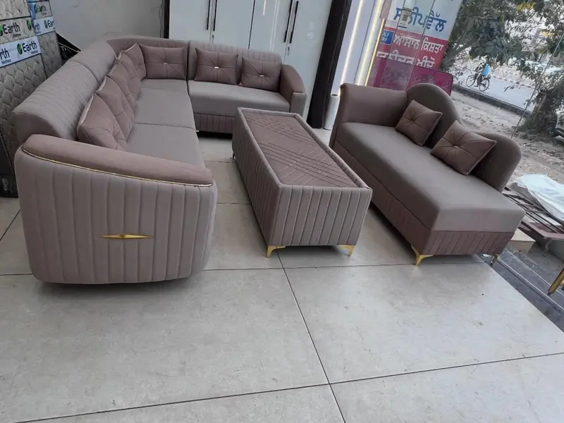 Beige Ribbed Corner Sectional Sofa Set
