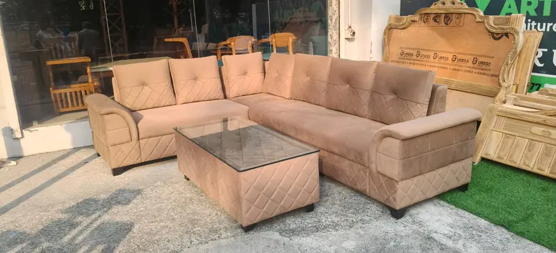 Beige Tufted Lshaped Sectional Sofa
