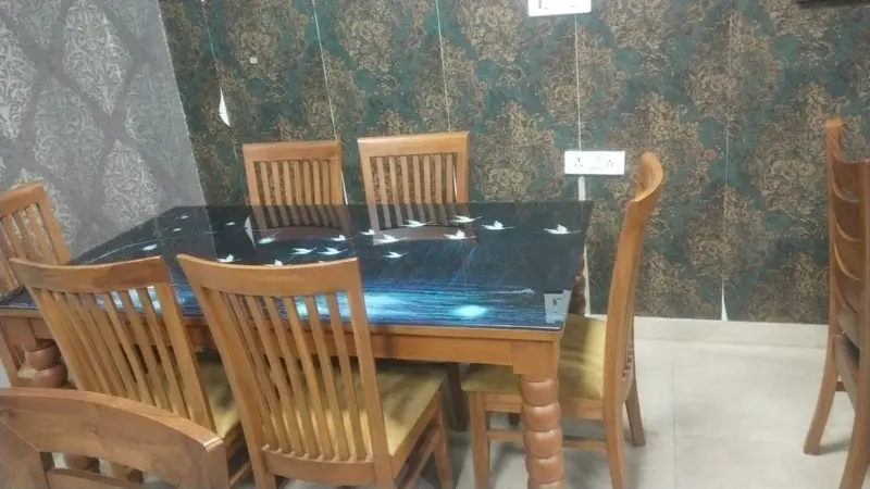 Black Glass Top Wooden Dining Table