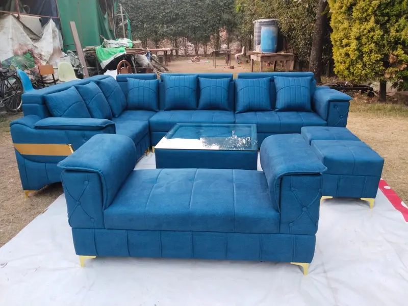Blue Lshaped Tufted Fabric Sofa