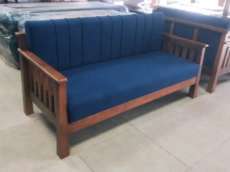 Blue Velvet Sofa With Wooden Frame