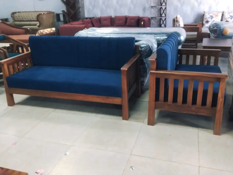 Blue Velvet Wood Frame Sofa