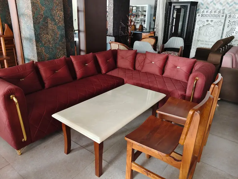 Burgundy Tufted Sectional Sofa With Marble Table