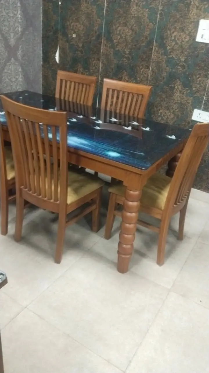 Dining Table With Glossy Abstract Art Top