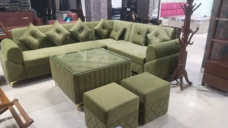 Green Tufted Lshaped Sectional Sofa
