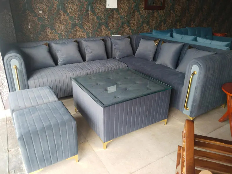 Grey Velvet Lshaped Sofa With Ottomans