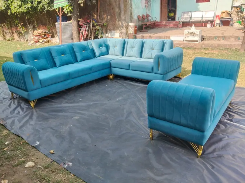 Modern Blue Upholstered Sectional Sofa Set