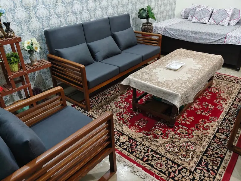 Modern Wooden Sofa Set With Grey Cushions