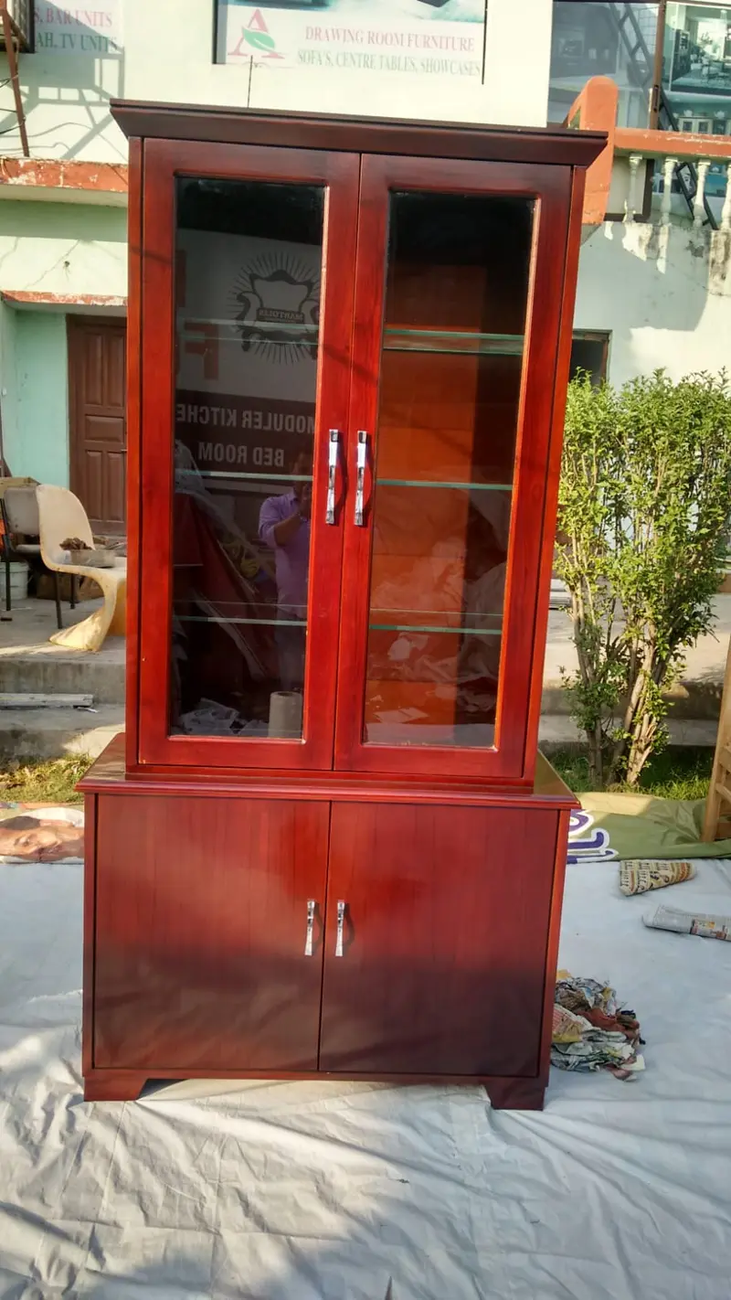 Tall Wooden Display Cabinet With Glass Doors