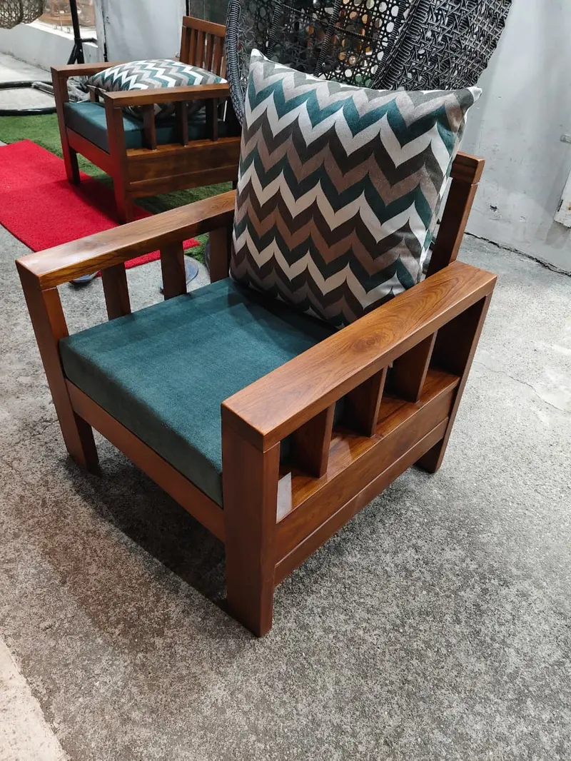 Wooden Armchair With Green Chevron Cushions
