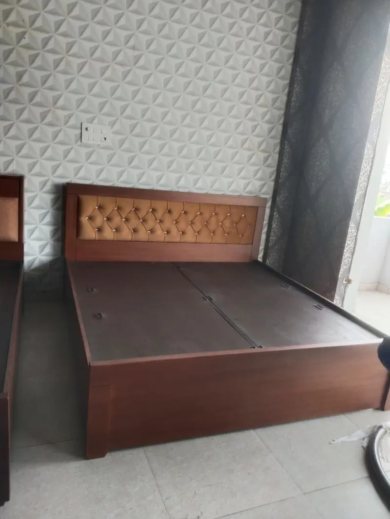 Wooden Bed With Tufted Headboard