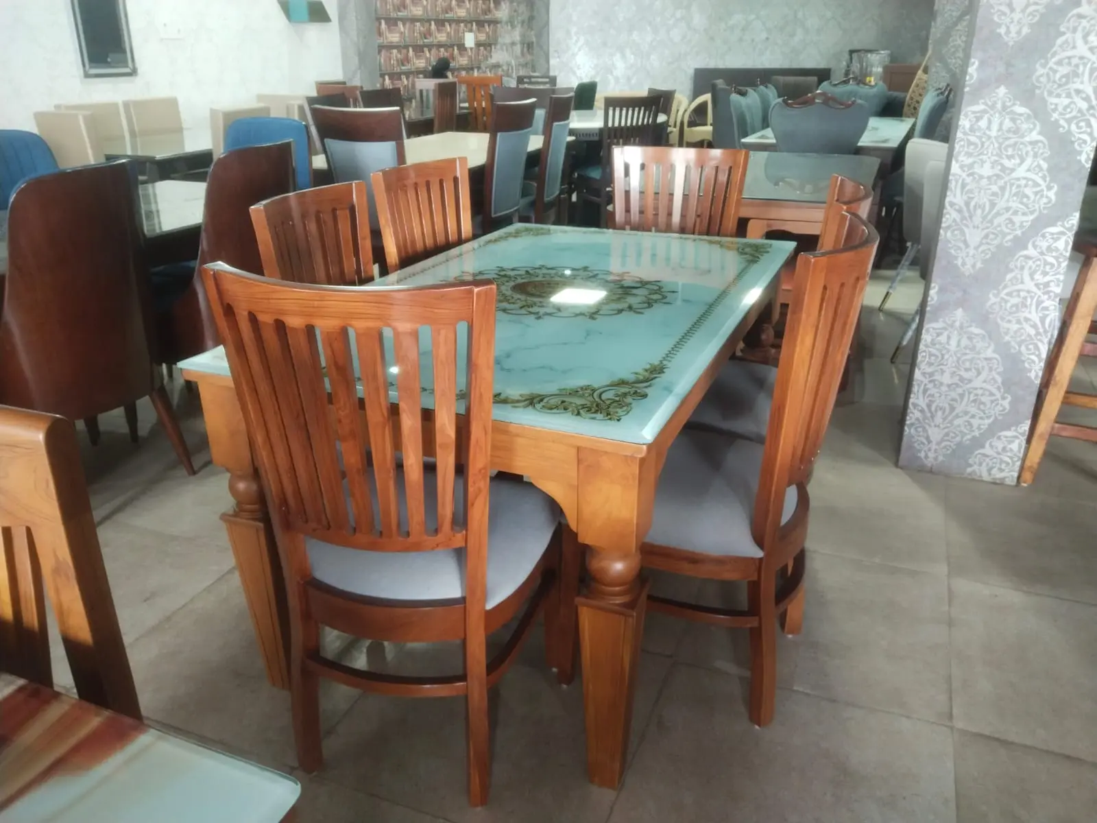 Wooden Dining Table With Patterned Glass Top