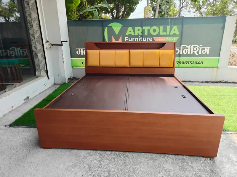 Wooden Double Bed With Yellow Tufted Headboard